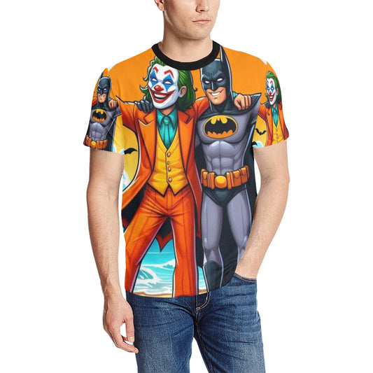 The Joker & Bat Men's All Over Print T-Shirt (Solid Color Neck) (Model T63)