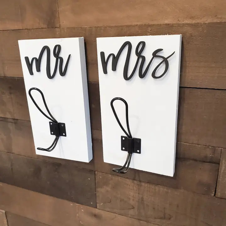 Farm Style Mr & Mrs Hooks, Wood Bathroom Sign, Coat Hooks, Wedding Decor, Towel Holder, Towel Rack, Bathroom Hooks, Stocking Hook