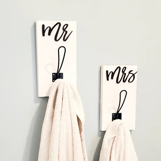 Farm Style Mr & Mrs Hooks, Wood Bathroom Sign, Coat Hooks, Wedding Decor, Towel Holder, Towel Rack, Bathroom Hooks, Stocking Hook