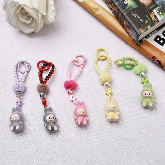 Flocked Mini Labubu Beaded Keychain & Phone Charm
