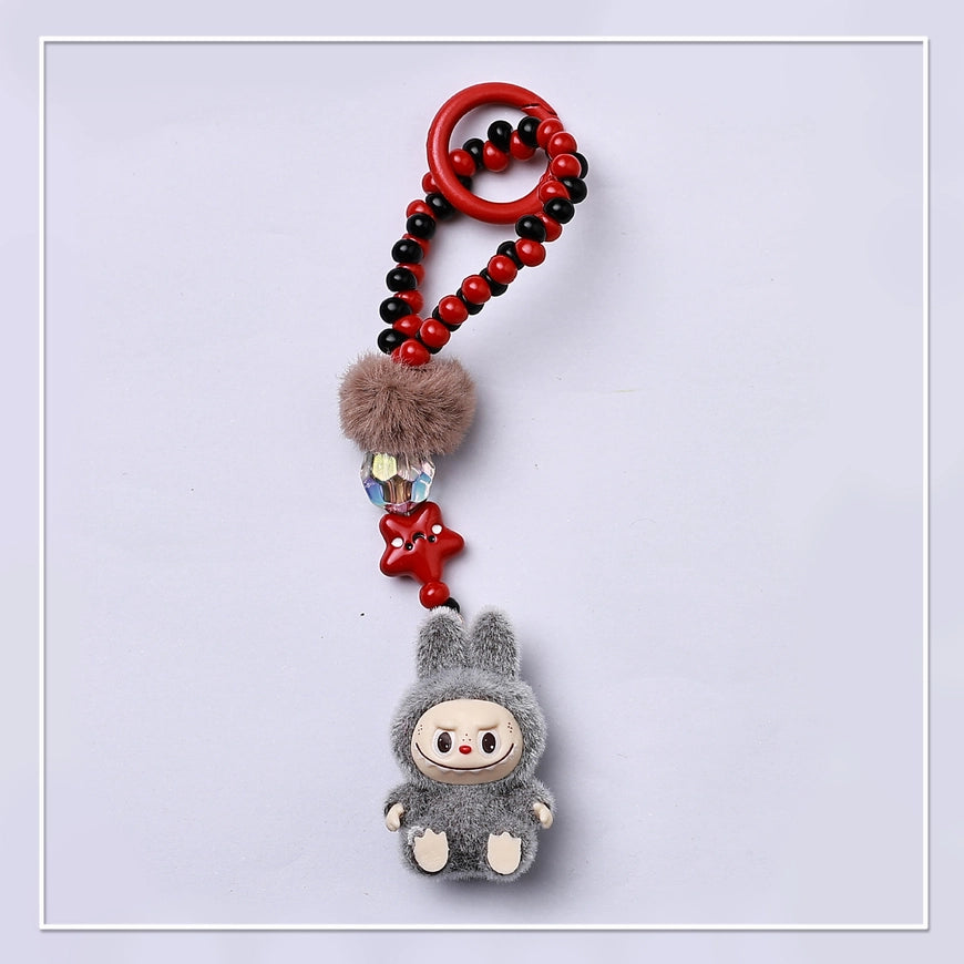 Flocked Mini Labubu Beaded Keychain & Phone Charm