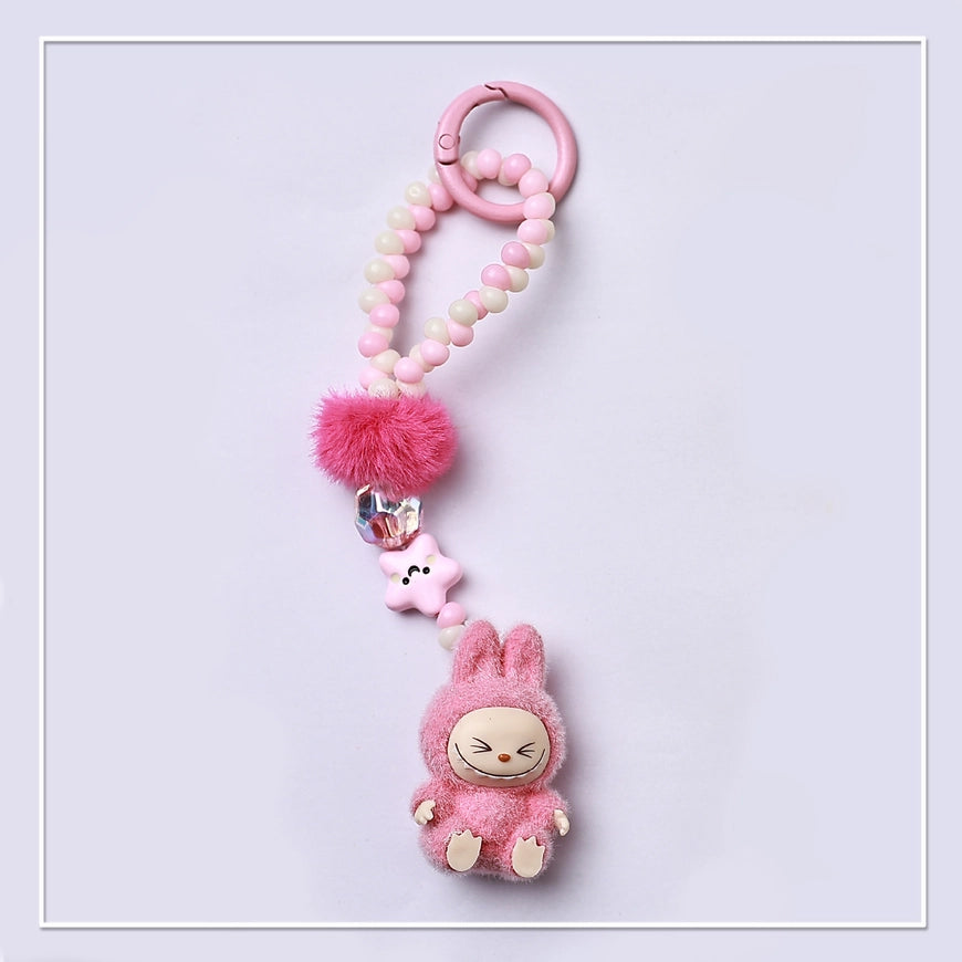 Flocked Mini Labubu Beaded Keychain & Phone Charm