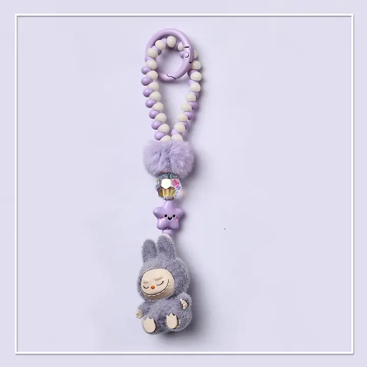 Flocked Mini Labubu Beaded Keychain & Phone Charm