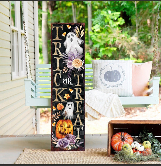 2-36 in Trick or Treat Halloween Porch Sign - Front Porch Halloween Welcome Sign, Vintage Halloween Decoration, Modern Farmhouse Decor