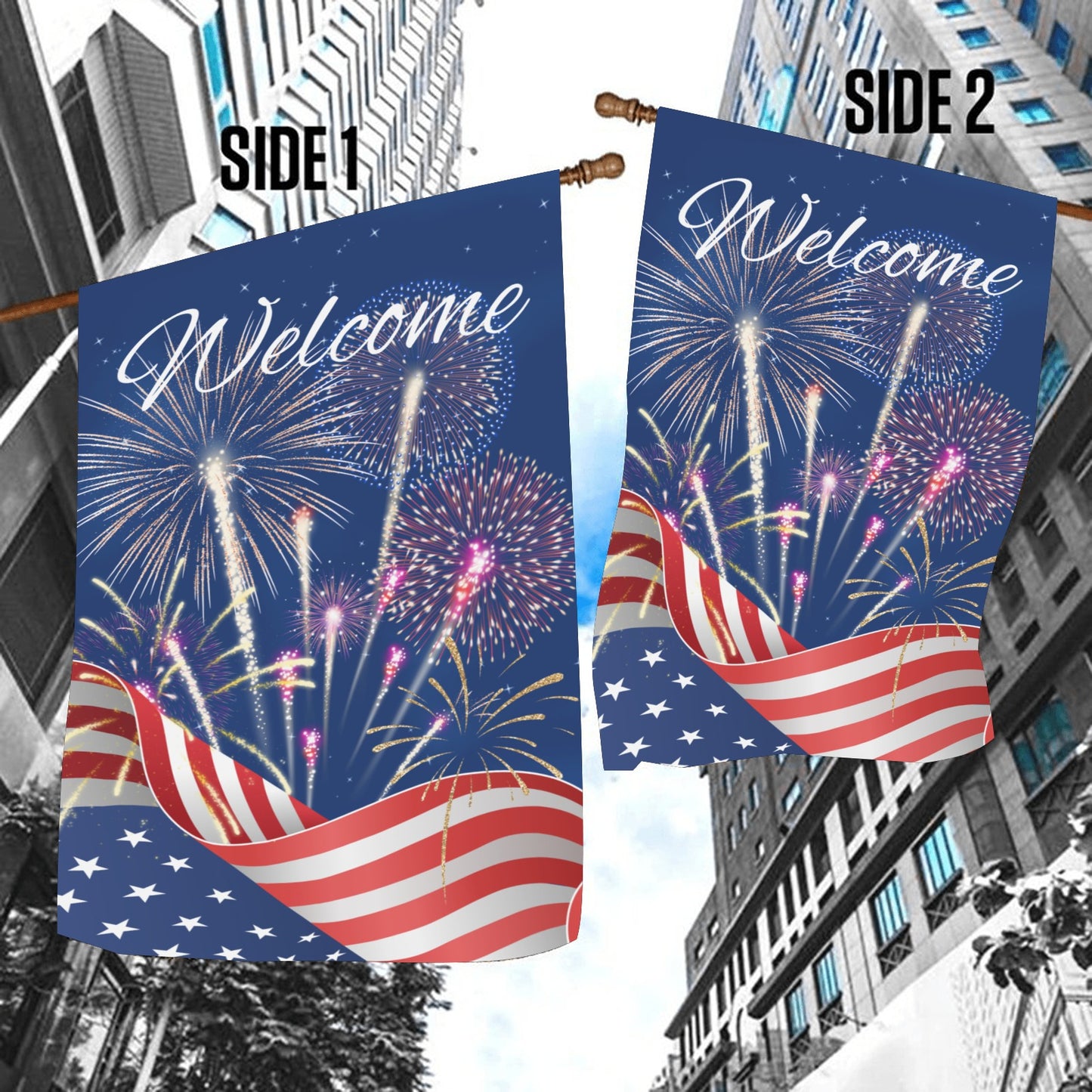 Patriotic Flag w/Fireworks Garden Flag 12''x18'' (Two Sides Printing)