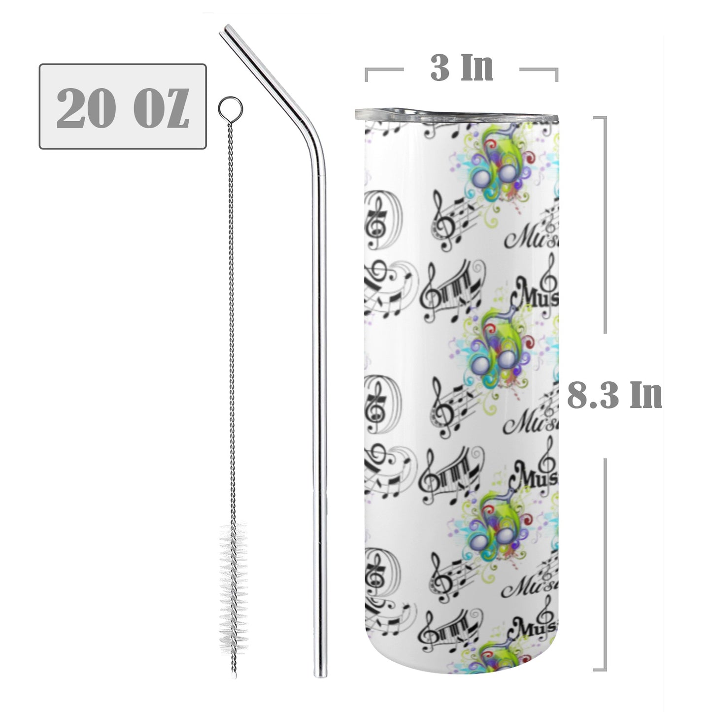 Music Note Themed 20oz Tall Skinny Tumbler with Lid and Straw